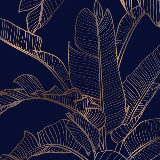 Tkanina Zasłonowa Satyna - liść bananowca na granatowym tle 190cm