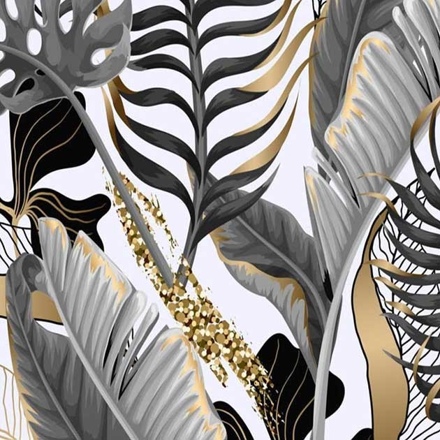 Tkanina Zasłonowa Satyna - liście srebrne i złote na białym tle 190cm